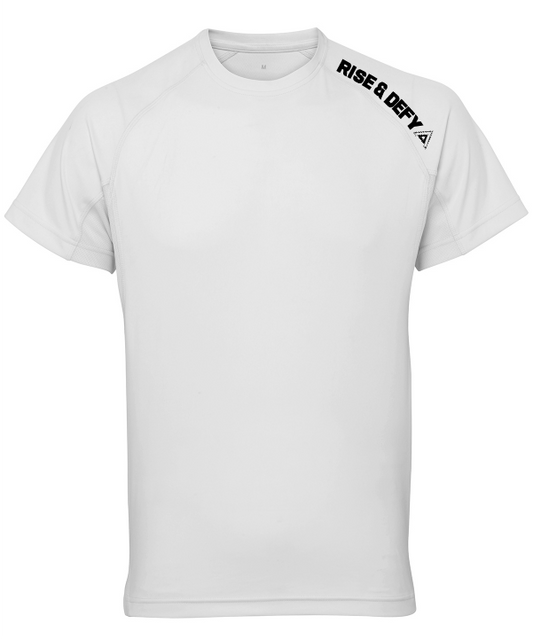 RISE&DEFY Performance Tech Tee (Shoulder Logo - White)